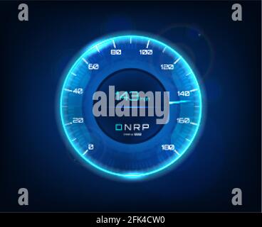 Modern car speedometer. Futuristic speedometer and tachometer for car with speed in miles and transfer, blue color. HUD dashboard auto. Vector Stock Vector