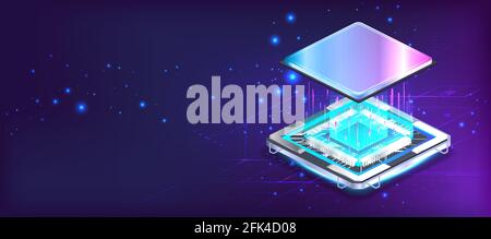 Futuristic CPU microchip banner in isometric position with lights and glow effects. Processor microchip, large data processing, database concept Stock Vector