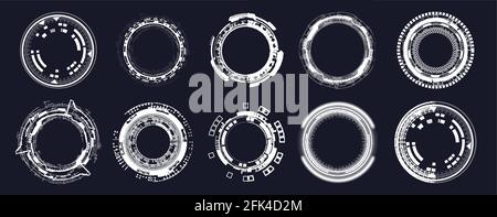 Futuristic circle elements. HUD focus elements. Sci-fi circular design. Camera viewfinder collection, Military collimator sight, Sniper weapon target Stock Vector