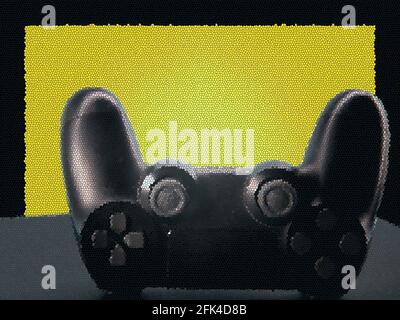 Control of new generation electronic games. Black game controller isolated on blue background. Gamepad. Wireless joytsick for PC games. Stock Photo