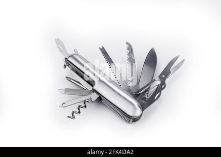 Swiss many task army knife. Multi tool pocket knife. Stock Photo