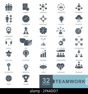 Business teamwork, team building, work group and human resources minimal thin line, glyph solid, filled color web icon set. icons collection. Simple v Stock Vector