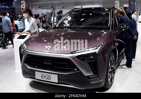 (210428) -- SHANGHAI, April 28, 2021 (Xinhua) -- A NIO ES8 electric SUV is displayed at the 19th International Automobile Industry Exhibition (Auto Shanghai 2021) in Shanghai, east China, April 28, 2021. The 19th Shanghai International Automobile Industry Exhibition (Auto Shanghai 2021) concluded on Wednesday. The 10-day auto show, which kicked off on April 19, attracted roughly 810,000 visitors and more than 1,000 companies in the auto industry. A total of 1,310 vehicle models were displayed at the show, according to the organizer. Auto Shanghai 2021 is the first major auto show globally Stock Photo