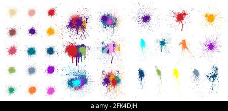 Colored blots, paint drops and splashes isolated on white background. Paint splatter, stains set, compositions of spots. Colorful splash and drip Stock Vector