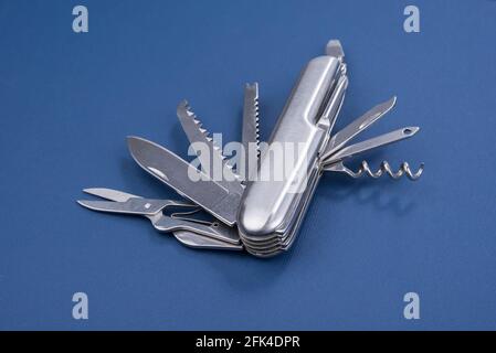 Swiss many task army knife. Multi tool pocket knife. Stock Photo