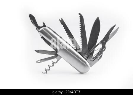 Swiss many task army knife. Multi tool pocket knife. Stock Photo