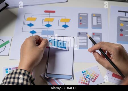 Rear view of developer ux and ui designer about mobile phone app and choosing some interface to mockup phone. Creative digital development agency Stock Photo