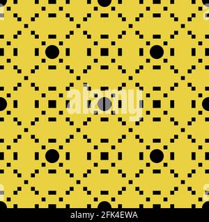 Vector pattern of seamless black circles and pixels on a yellow background. Abstract background. Stock Vector