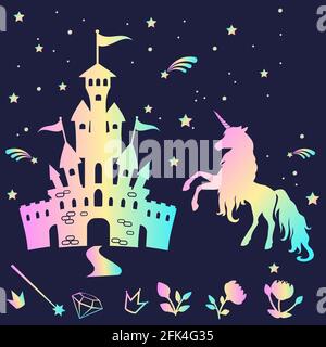 Set of magic castle, unicorn, magic wand, flowers and sparkling stars. Elements are separated from the background. Stock Vector