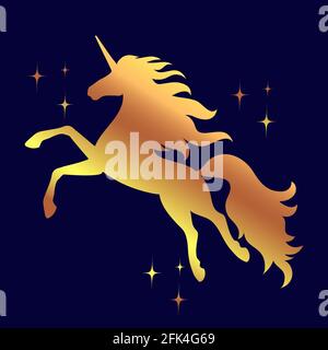 Silhouette of a flying, jumping unicorn. Gold silhouette isolated from dark background. Stock Vector