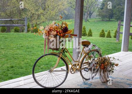 Flowers adorn a bikie sitting on a porch with green grass and trees in the background Stock Photo