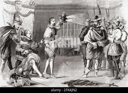 The Gunpowder Plot. Guy Fawkes interrogated by James I and his council in the king's bedchamber,Whitehall. Guy Fawkes, 1570 – 1606, aka Guido Fawkes, member of a group of provincial English Catholics who took part in The Gunpowder Plot of 1605, aka Gunpowder Treason Plot or the Jesuit Treason, a failed assassination attempt against King James I of England and VI of Scotland. The plot was to blow up the House of Lords during the State Opening of England's Parliament on 5 November 1605.  From The History of Progress in Great Britain, published 1866. Stock Photo