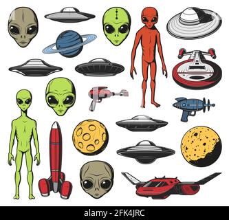 Aliens, ufo and space shuttles vector retro icons. Laser gun, saturn planet and spaceship with alien saucers in cosmos. Extraterrestrial comer with lo Stock Vector