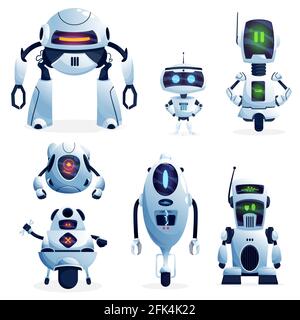 Cartoon robots, vector cyborg characters, toys or bots, artificial intelligence technology. Friendly robots with long arms or tentacles and digital gl Stock Vector