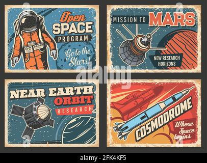 Outer space program and near Earth orbital research vector retro posters. Astronaut, satellites and space ship in universe. Galaxy, deep space explora Stock Vector