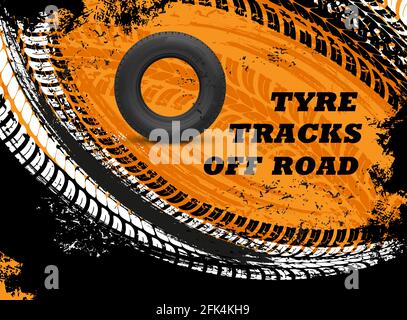 Car off road tyres tracks grungy background. Vehicle rubber tire, automobile wheel protector trails, truck or motorcycle tyre dirty treads vector text Stock Vector