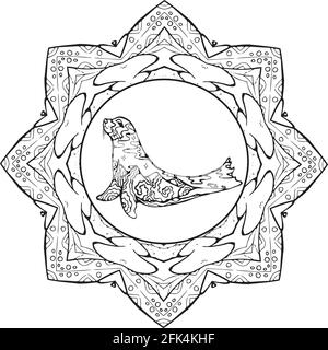 Ornamental Fur seal in yoga pose with double exposure in the form of a landscape. Ornament mandala. Stock Vector