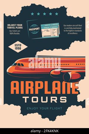 Airplane tours, airline travel service retro banner. Air journey plans, passenger transportation poster. Modern airliner jet plane flying in clouds, p Stock Vector
