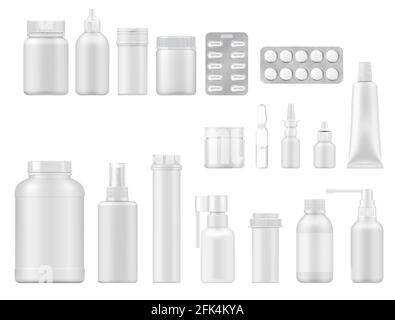 Pill, drug and medicament realistic vector packages. 3d mockups of pharmaceutical packaging, white plastic bottles, packs, boxes and blisters with pil Stock Vector