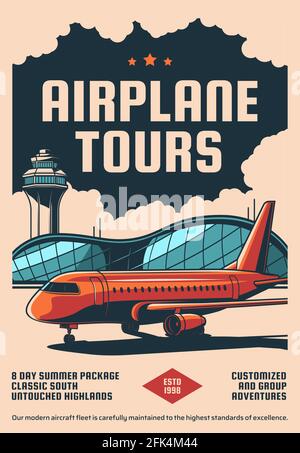 Airplane travel tours vintage poster of retro plane flights, old ...