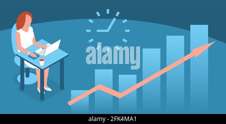 Modern woman works at a laptop in the office. Sits by the table. Financial growth chart. Vector illustration banner with blue background. Isometric st Stock Vector