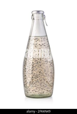 Sweet basil seed drink in glass Bottles on white background with