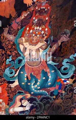 Ancient Buddhist painting on an interior wall of the Drepung Monastery near Lhasa in the Tibet Autonomous Region of China. One of the 'great three' Ge Stock Photo