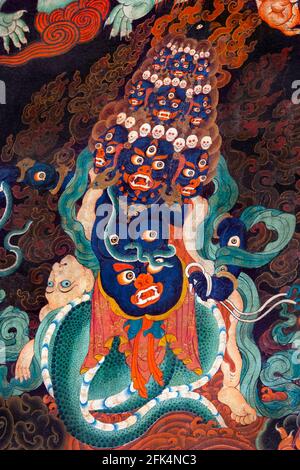 Ancient Buddhist painting on an interior wall of the Drepung Monastery near Lhasa in the Tibet Autonomous Region of China. One of the 'great three' Ge Stock Photo