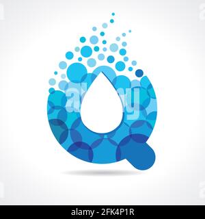 Q naming logotype. Isolated abstract washing emblem. Stained glass character blue colored trendy graphic template. Drinking pure colourful drops bubbl Stock Vector