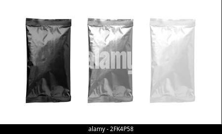 Foil plastic bags isolated on white background. Packaging template mockup collection. . Aluminium coffee package. Stock Photo