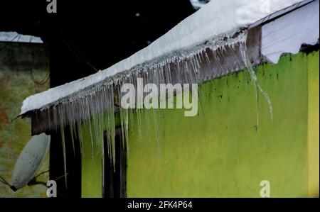 Ice dams with a cold roof at Patnitop Jammu India, Winter landscape Stock Photo