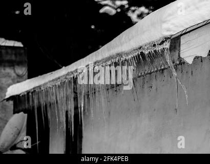 Ice dams with a cold roof at Patnitop Jammu India, Winter landscape Stock Photo