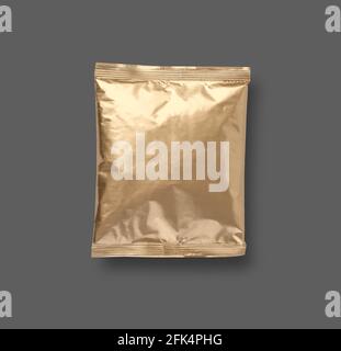 gold Foil plastic bag isolated on gray background. Packaging template mockup collection. . Aluminium coffee package. Stock Photo