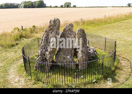 The Rollright Stones, Warwickshire UK - This portal dolmen burial chamber probably dates from c.3500 BC and is known today as The Whispering Knights. Stock Photo