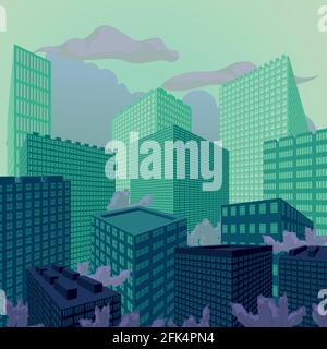 Green evening city perspective, vector illustration, background. EPS 10 Stock Vector