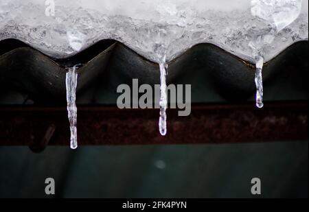 Ice dams with a cold roof at Patnitop Jammu India, Winter landscape Stock Photo