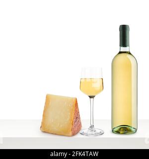 white wine and piece of cheese on white table Stock Photo