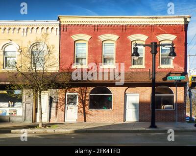 Syracuse, New York, USA. April 17, 2021. View of businesses and architecture in the historic Little Italy neighborhood of Syracuse, New York Stock Photo