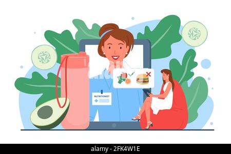 Nutrionist doctor appointment online vector illustration. Cartoon woman dietitian and patient characters talking about nutrition diet plan checklist Stock Vector