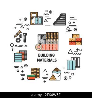 Construction materials web banner. Infographics with linear icons on white background. Creative idea concept. Isolated outline color illustration. Stock Vector