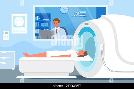 Cartoon doctor man character looking at diagnosis result of woman patient brain scan on computer monitor screen, working with lab equipment landing Stock Vector