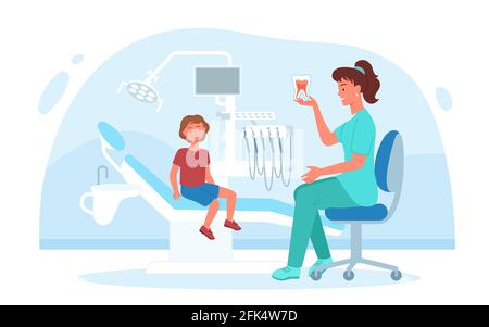 Kid visits dental pediatric clinic for checkup teeth and gum health, dentistry doctor Stock Vector