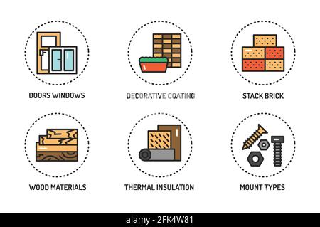 Construction materials color line icons set. Pictograms for web page, mobile app, promo. Editable stroke. Stock Vector