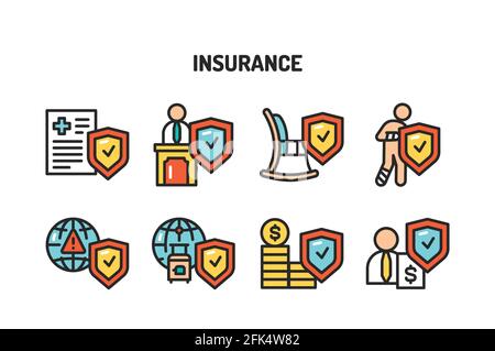 Insurance color line icons set. Pictograms for web page, mobile app, promo. Editable stroke. Stock Vector