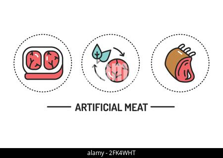 Artificial meat color line icons concept. Isolated vector element. Outline pictograms for web page, mobile app. Stock Vector