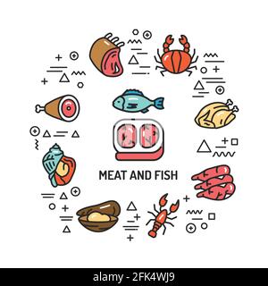 Meat and fish web banner. Infographics with linear icons on white background. Creative idea concept. Isolated outline color illustration. Stock Vector
