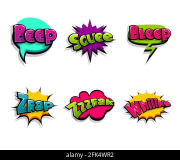 Lettering beep, zrap, wow noise. Comic text logo sound effects. Vector bubble icon speech phrase, cartoon font label, sounds illustration. Comics book Stock Vector