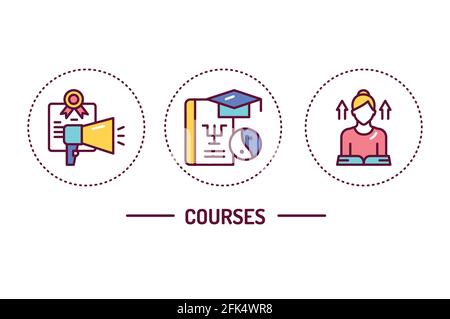 Courses color line icons concept. Outline pictograms for web page, mobile app, promo Stock Vector
