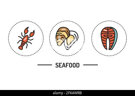 Seafood color line icons set. Isolated vector element. Outline pictograms for web page, mobile app. Stock Vector