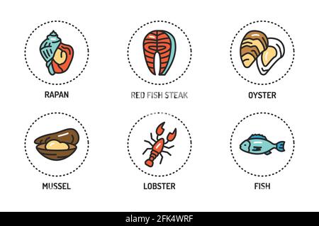 Seafood color line icons set. Isolated vector element. Outline pictograms for web page, mobile app. Stock Vector